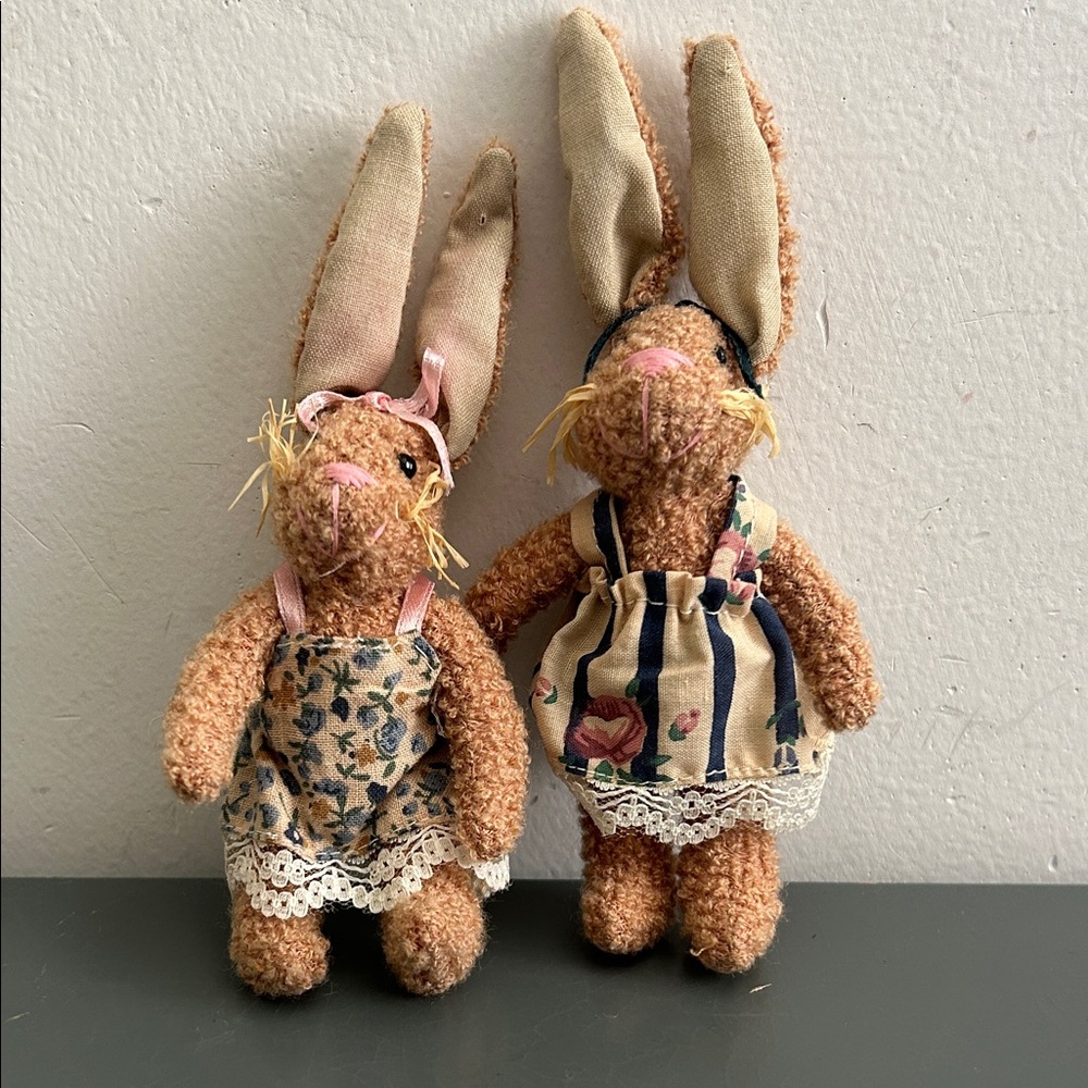 Vintage  Pair of Plush Bunny Dolls in Floral Dresses